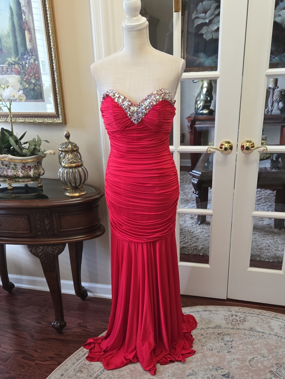 NIGHT MOVES strapless Red Ruched Evening Gown Embellished Sweetheart Neckline 6